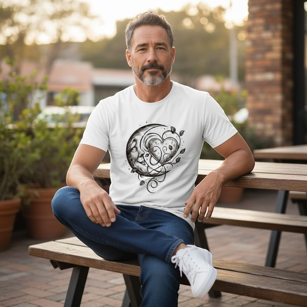 Man sitting on a bench wearing a white t-shirt with a heart design outdoors.