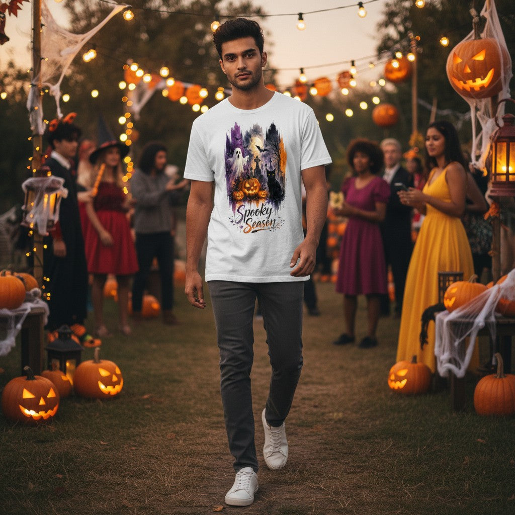 A man walking outdoors at a Halloween festival wearing a white graphic t-shirt with a spooky ghostly figure and jack-o'-lantern design, paired with dark gray pants and white sneakers. The background features decorated pumpkins, string lights, and other people in festive attire.