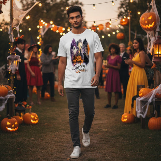A man walking outdoors at a Halloween festival wearing a white graphic t-shirt with a spooky ghostly figure and jack-o'-lantern design, paired with dark gray pants and white sneakers. The background features decorated pumpkins, string lights, and other people in festive attire.