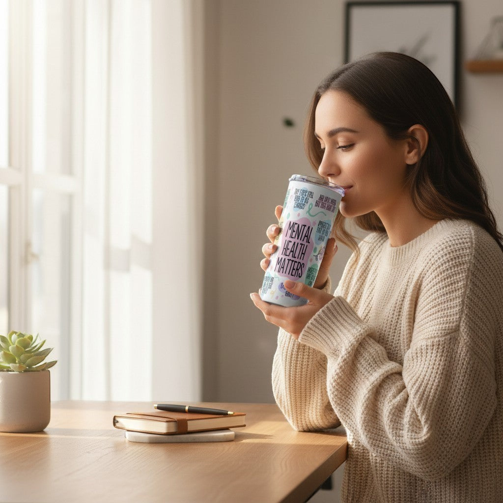 Woman drinking from a 'Mental Health Matters' mug in a cozy room.