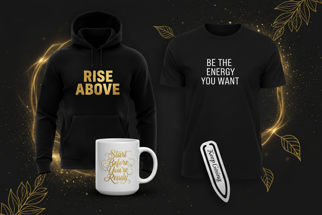 Motivational products, hoodie, tee, mug and bookmark with motivational messages set on a black background. 