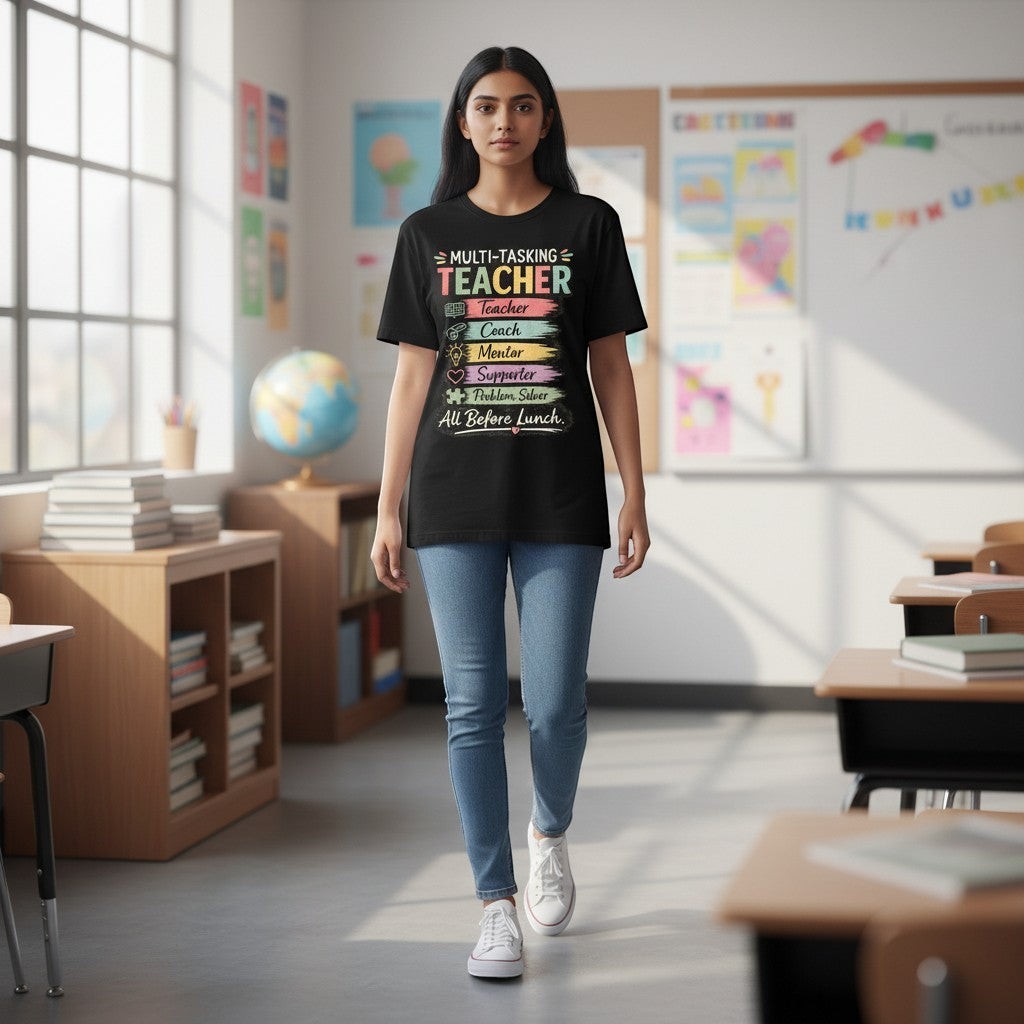Person wearing a black t-shirt with colorful text in a classroom setting