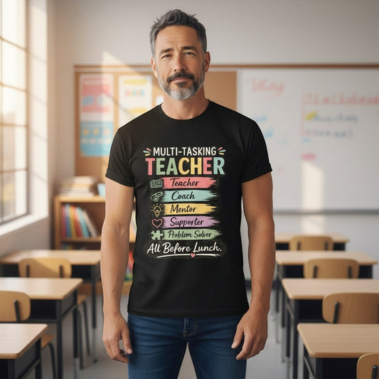 Man wearing a black t-shirt with colorful text in a classroom setting