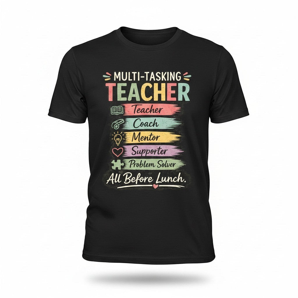 Black t-shirt with colorful text graphic on a white background