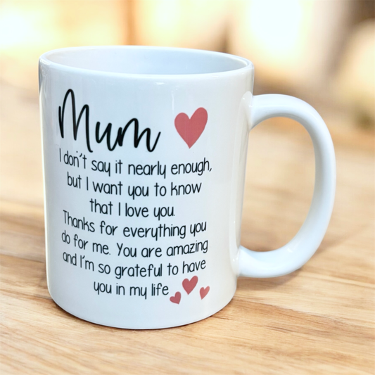 white ceramic mug with message to mum hand printed UK