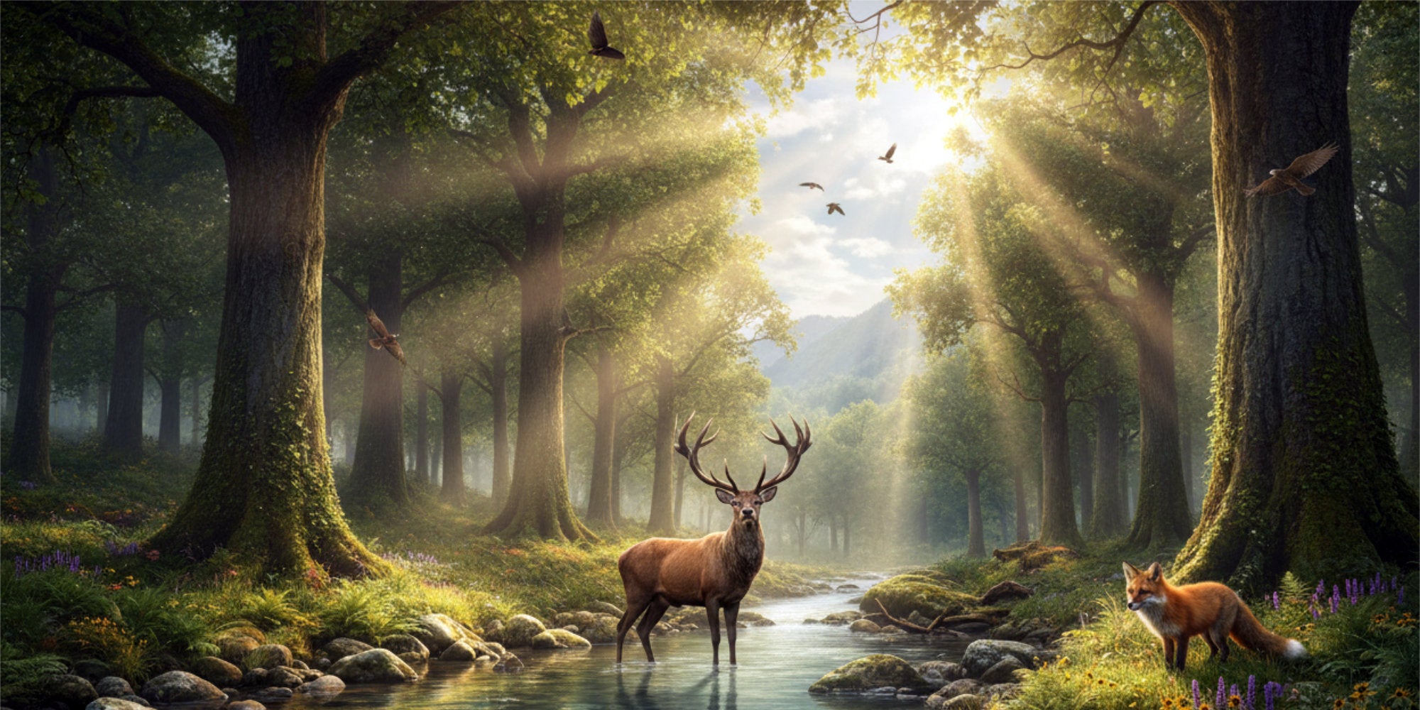 A fantasy forest scene with a stag standing in a stream at center, a fox on the right, tall mossy trees, sunbeams filtering through the canopy, birds in the sky, and distant mountains.