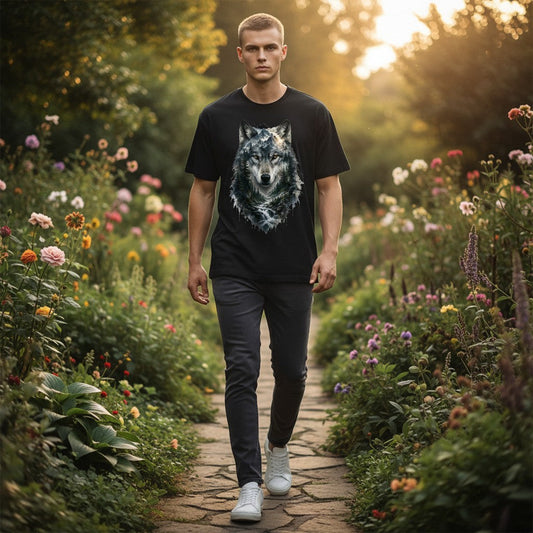A man walking on a stone garden path wearing a black crewneck t-shirt with a detailed gray and white wolf graphic on the front, paired with dark gray jeans and white sneakers.