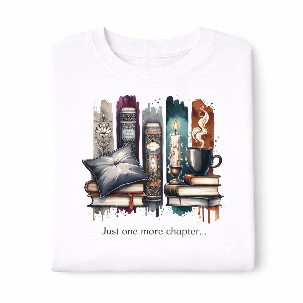 hand printed in the UK folded white tee with striking image of books and cushion