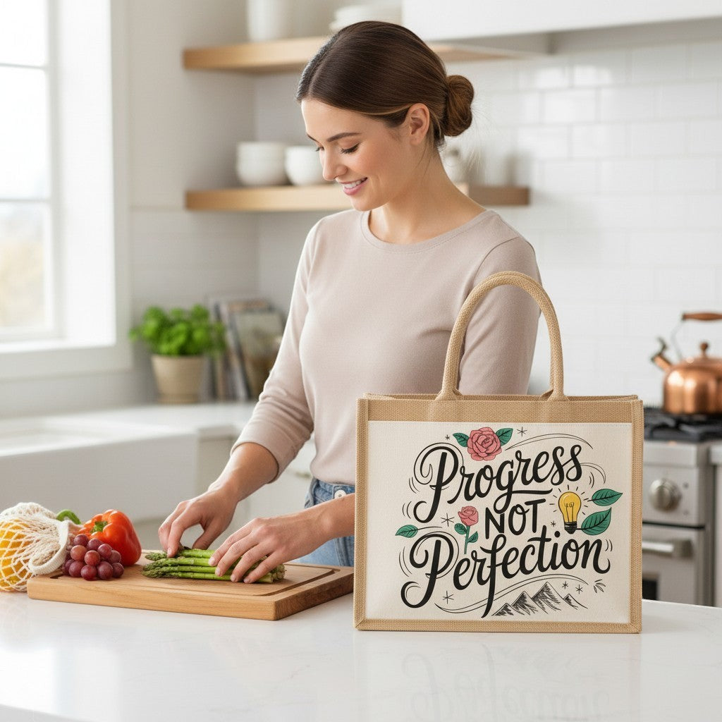 Woman preparing vegetables in a kitchen with a tote bag displaying 'Progress Not Perfection' on a counter.