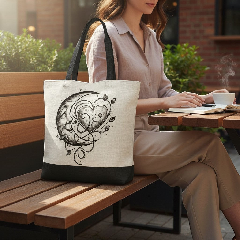 Woman sitting at a table with a tote bag featuring a heart and moon design.