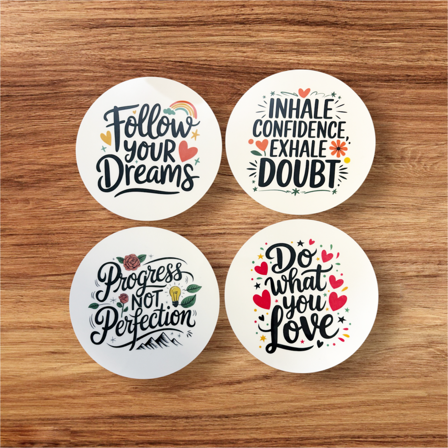 4 pack motivational mdf round coasters hand printed UK