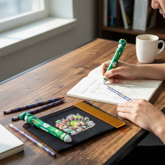 Person writing in a notebook with colorful pens on a wooden desk.