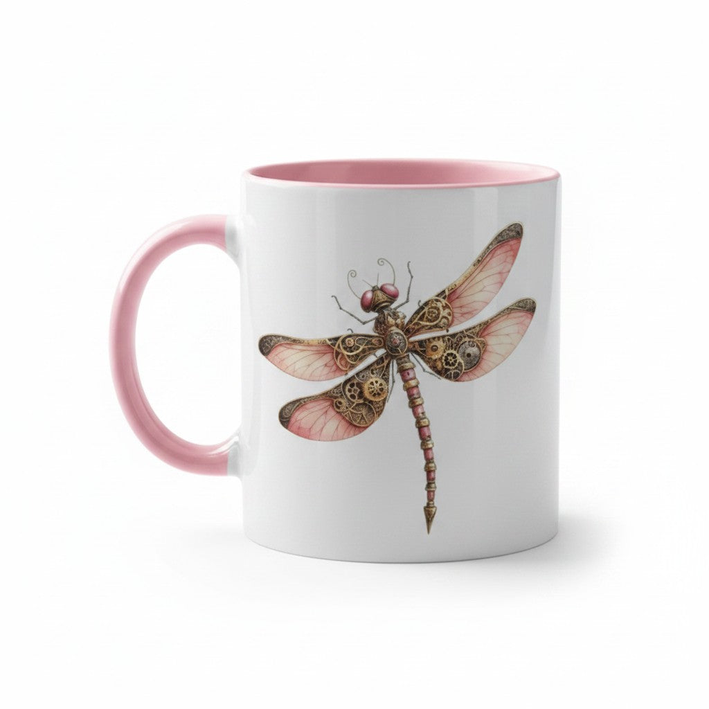 A white ceramic mug with a pink interior and handle, featuring a detailed steampunk dragonfly illustration on the front. Left handle view