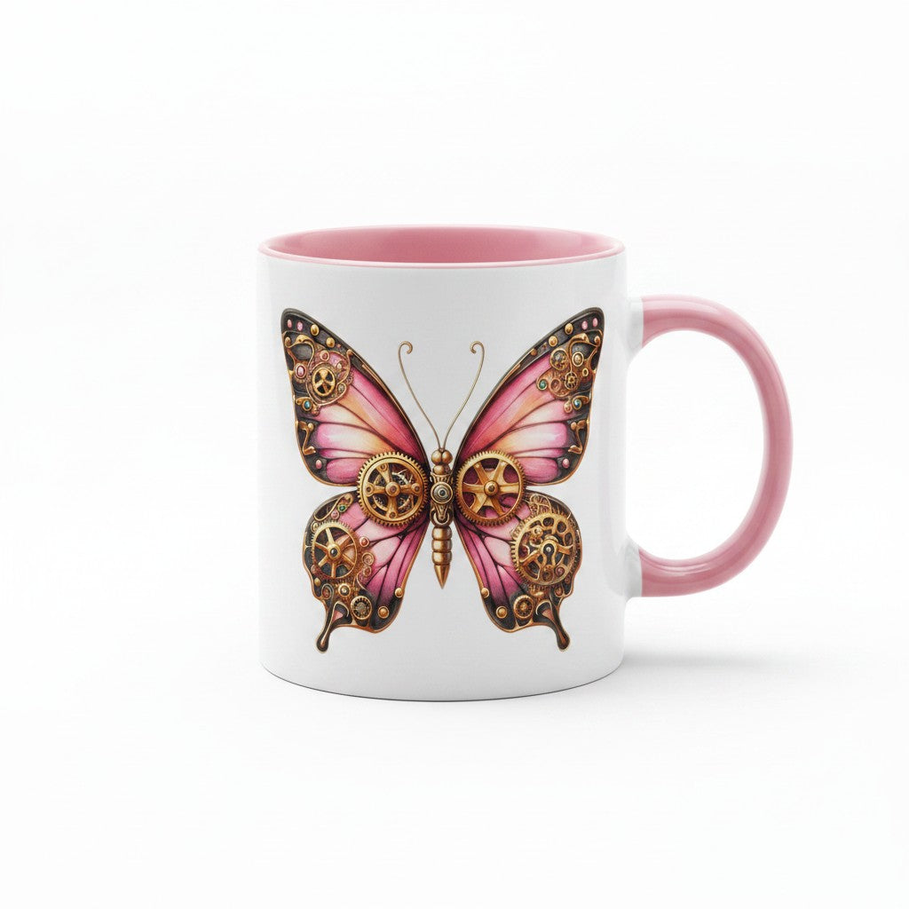 A white ceramic mug with a pink interior and handle, featuring a large pink and gold steampunk butterfly graphic on the front.