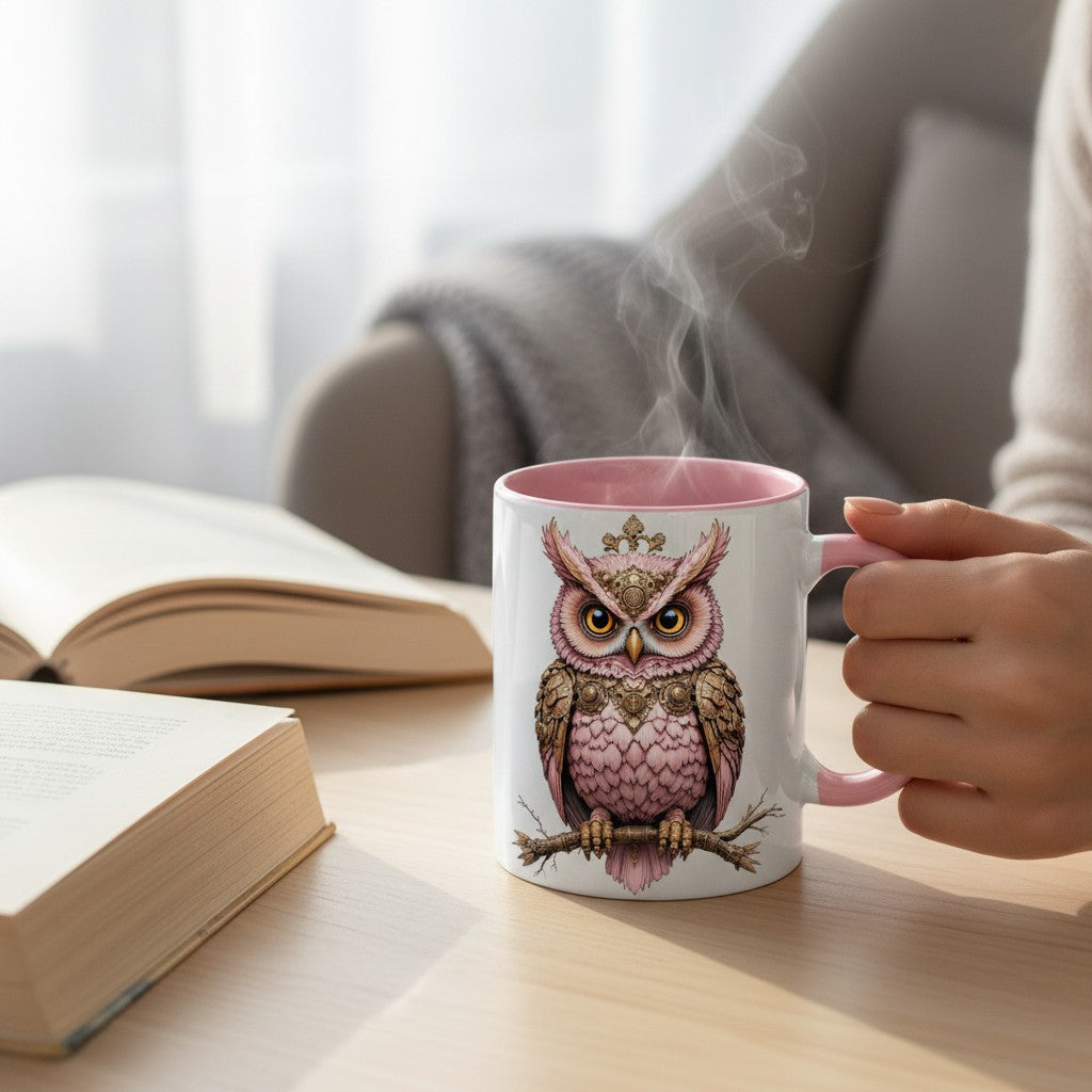 A white ceramic mug with a pink handle and interior, featuring a detailed illustration of a pink owl with a gold crown, sitting on a wooden table next to an open book. A hand is holding the mug, which has visible steam rising from it, with a blurred living room background.