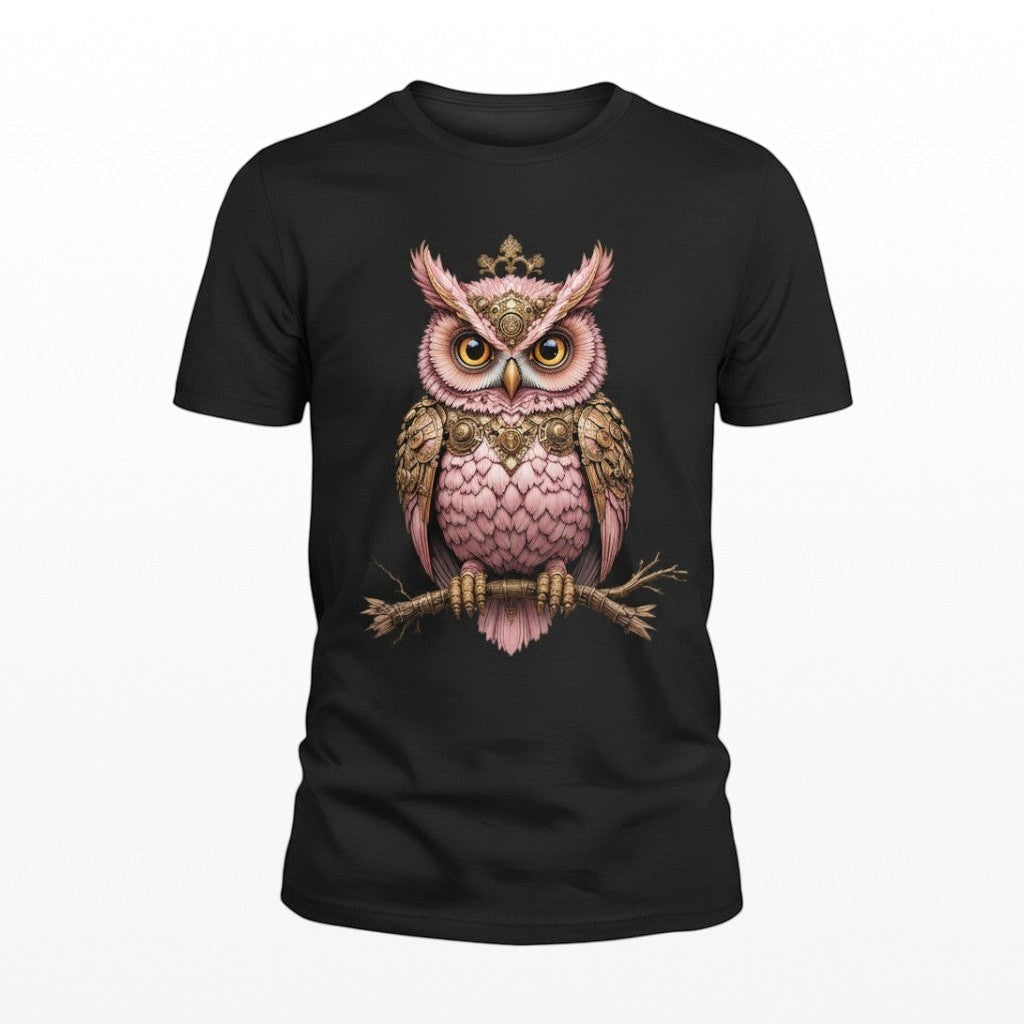 Black cotton T-shirt featuring an original pink steampunk owl illustration with bronze clockwork detailing, perched on a branch.