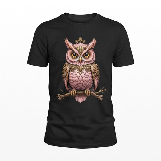 Black cotton T-shirt featuring an original pink steampunk owl illustration with bronze clockwork detailing, perched on a branch.