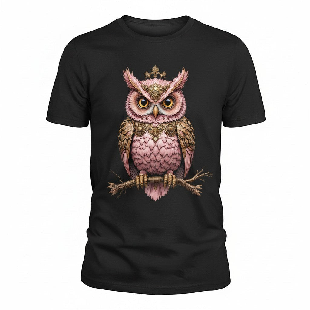 Black cotton T-shirt featuring an original pink steampunk owl illustration with bronze clockwork detailing, perched on a branch. Product view.