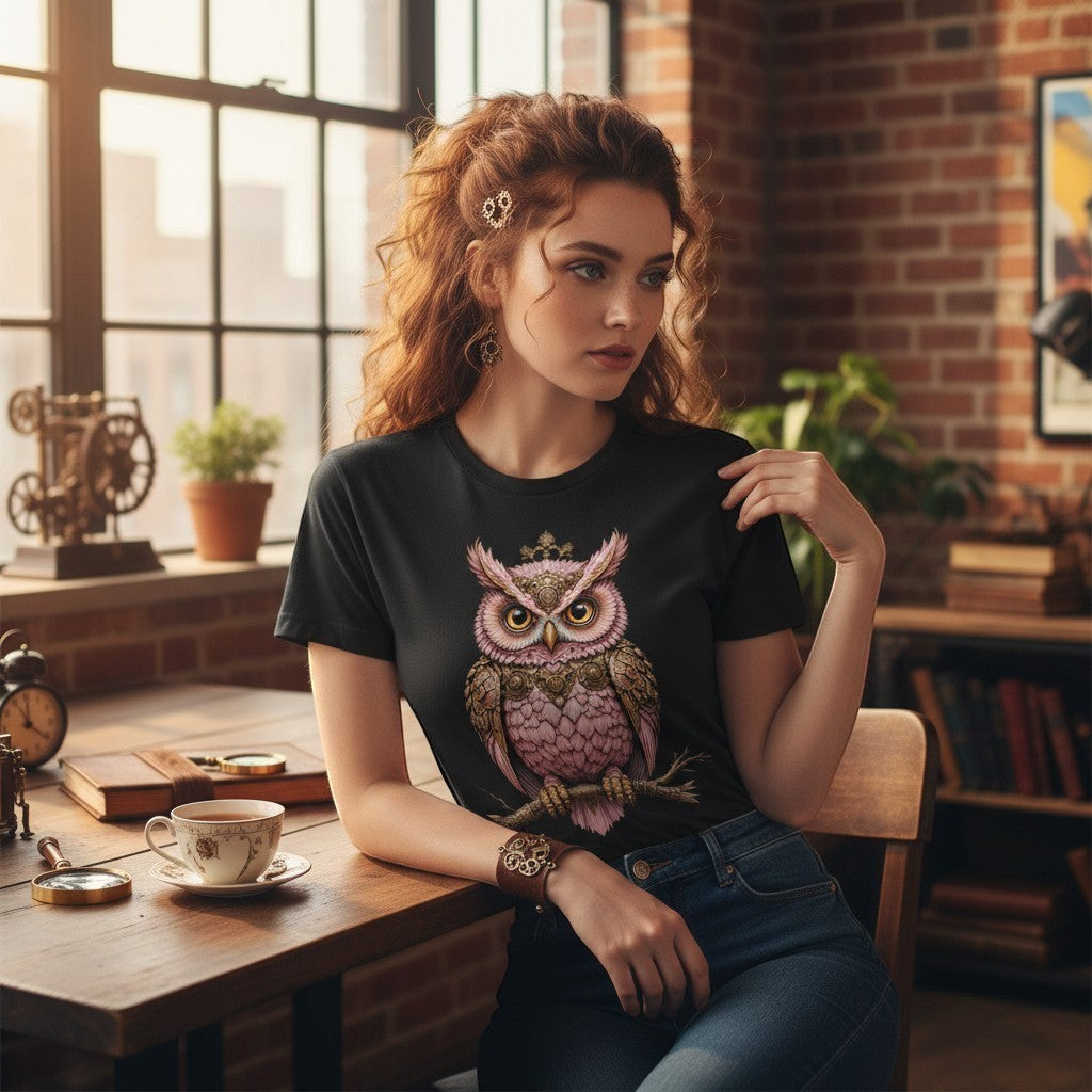 Woman wearing a black cotton T-shirt featuring an original pink steampunk owl illustration while relaxing in a cosy café setting.