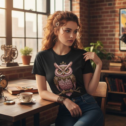 Woman wearing a black cotton T-shirt featuring an original pink steampunk owl illustration while relaxing in a cosy café setting.