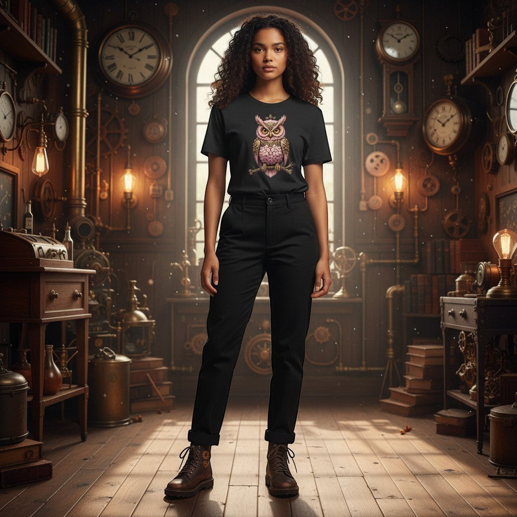 Person wearing a black cotton T-shirt featuring an original pink steampunk owl illustration in a vintage steampunk-inspired room with clocks and mechanical décor.