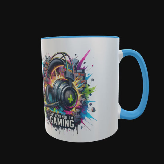 light blue inner and handle 2 tone durham mug with headset gaming image video clip hand printed in the UK