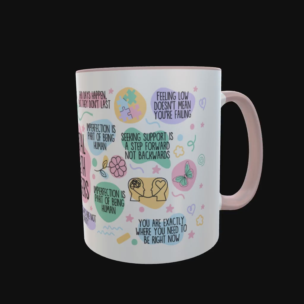 hand printed in the UK pink 2 tone durham mug with mental health matters image video clip