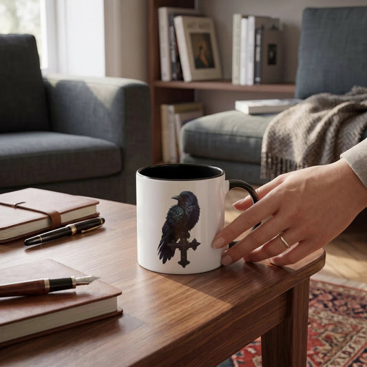 A white ceramic mug with a black interior and a printed raven perched on a cross, held by a person's hand on a wooden table in a cozy living room setting.