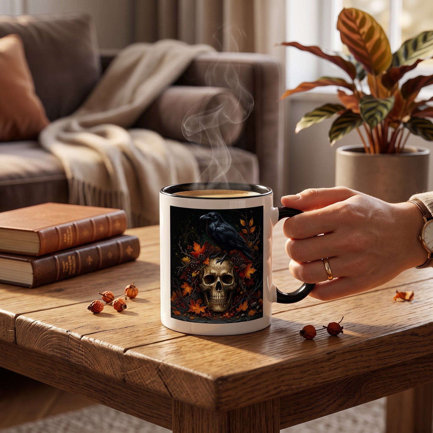 white ceramic mug with a black handle featuring a raven and skull design with autumn leaves on a wooden table.