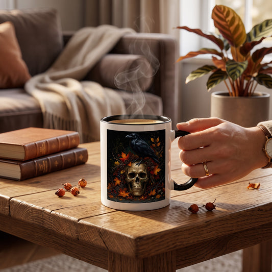 white ceramic mug with a black handle featuring a raven and skull design with autumn leaves on a wooden table.