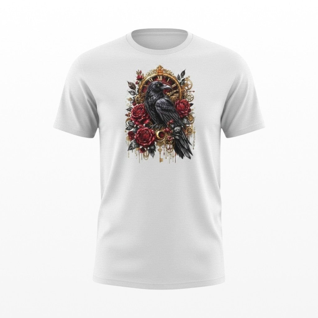 White t-shirt with a black crow and red roses design on a white background