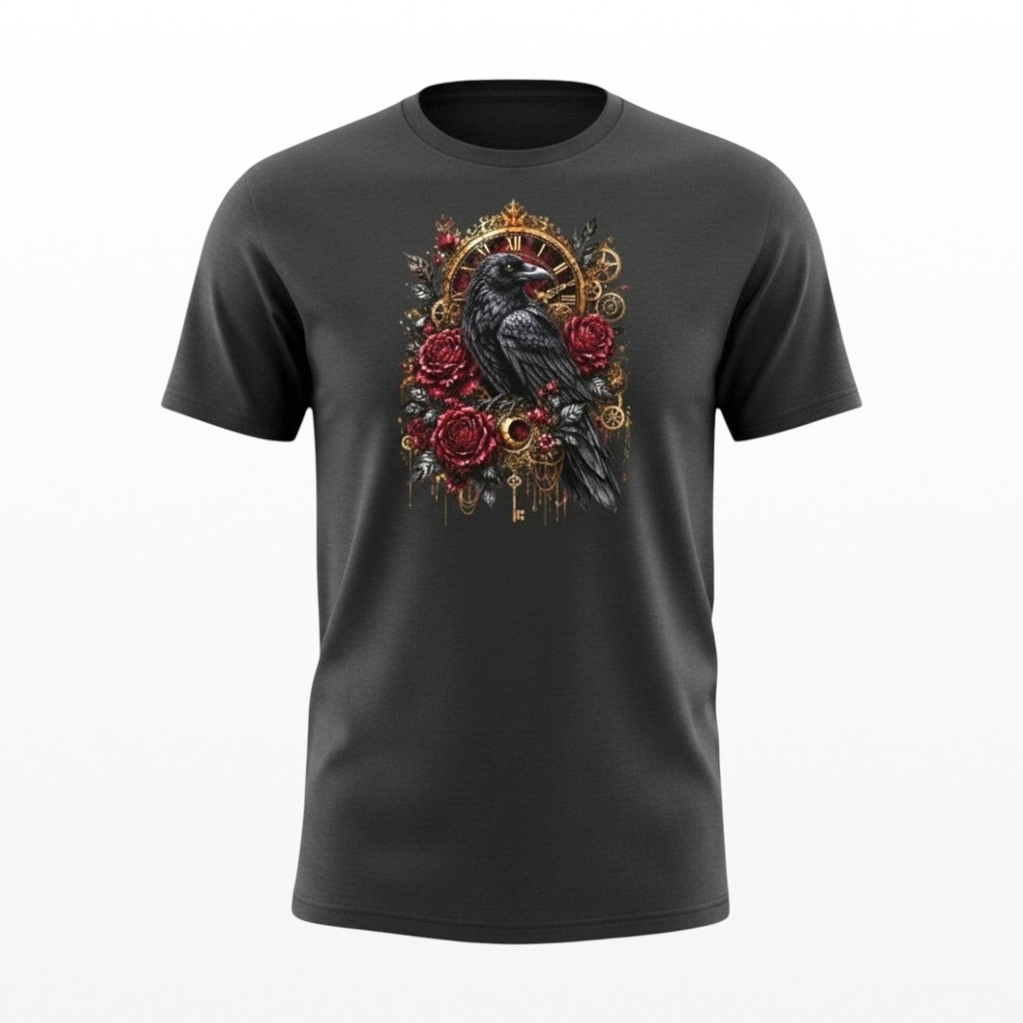 Black t-shirt with a decorative design featuring a crow, roses, and gears on a white background