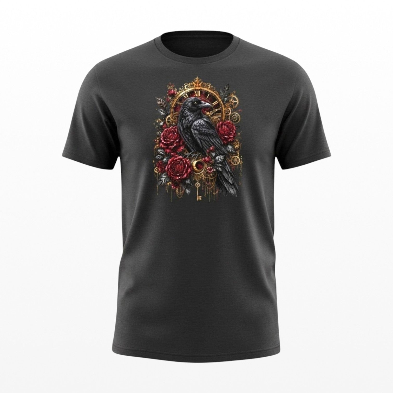 Black t-shirt with a decorative design featuring a crow, roses, and gears on a white background