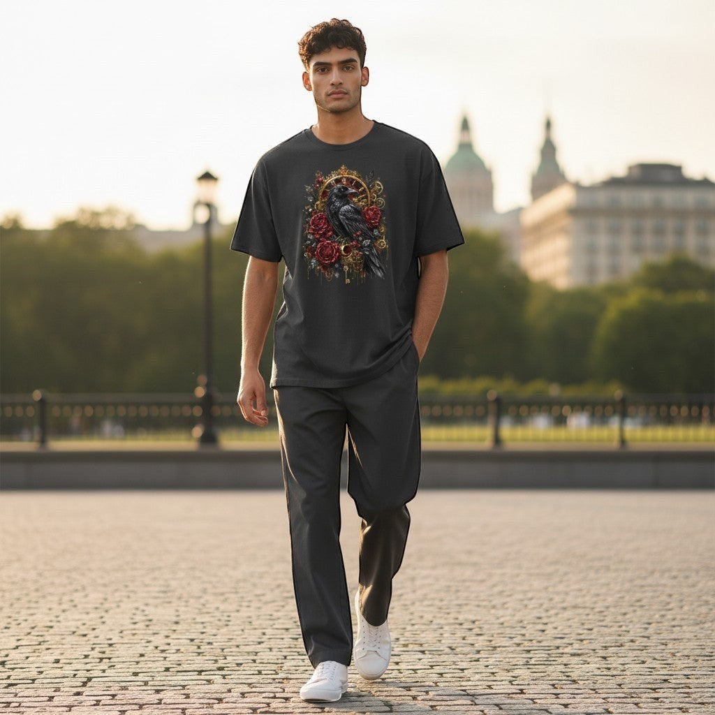 Man wearing a black t-shirt with a graphic design walking on a paved path with greenery and buildings in the background.