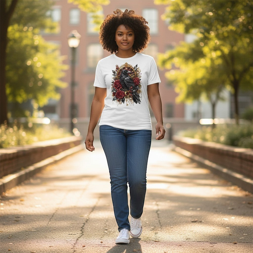 Person wearing a white t-shirt with a graphic design walking on a sunny street.