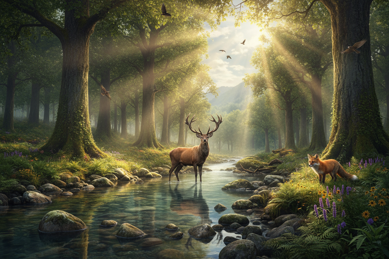 A fantasy forest scene with a deer standing in a stream at center and a fox on the right bank, surrounded by sunbeams filtering through tall trees, rocks, and greenery.
