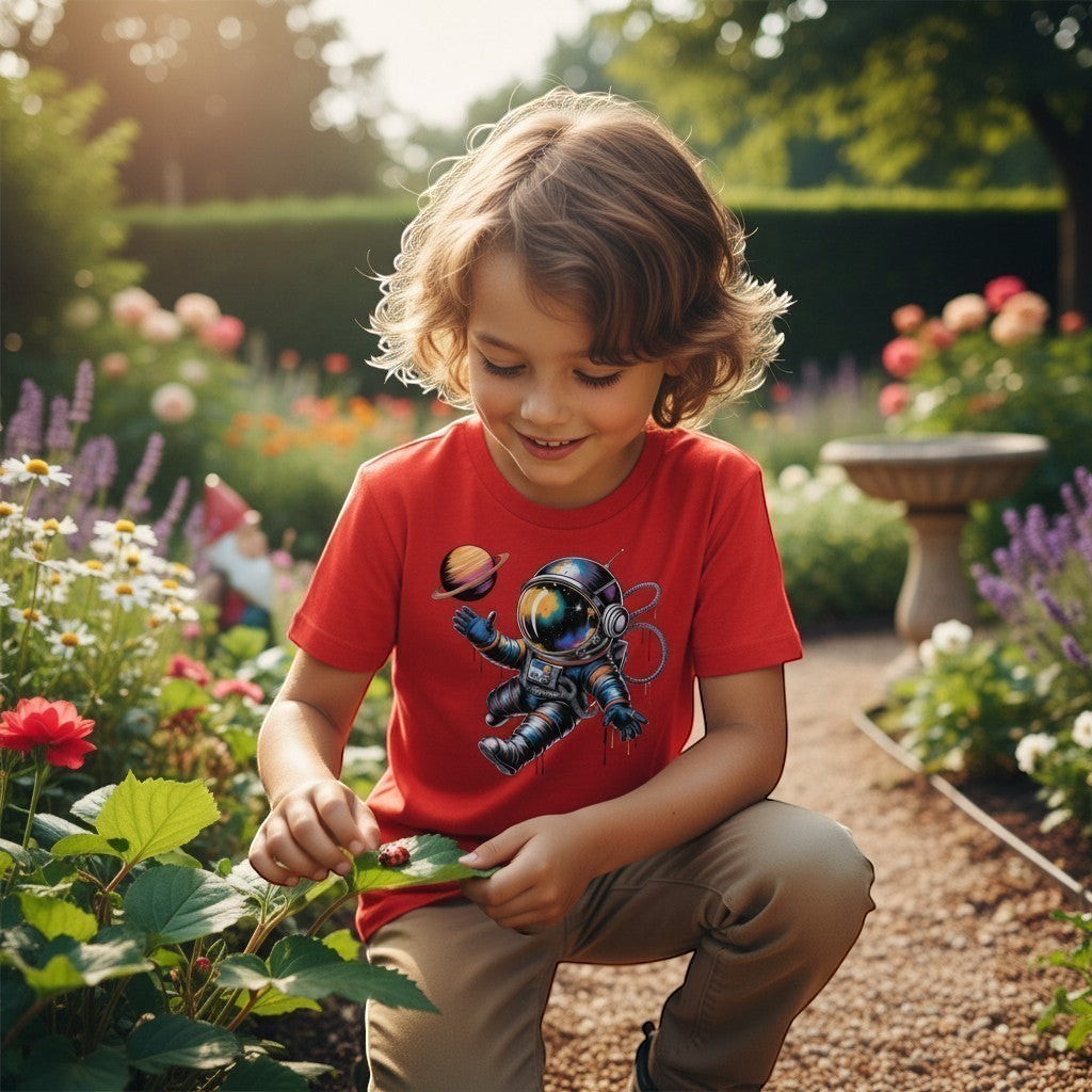 Child in a garden wearing a red shirt with an astronaut design, surrounded by flowers and plants.