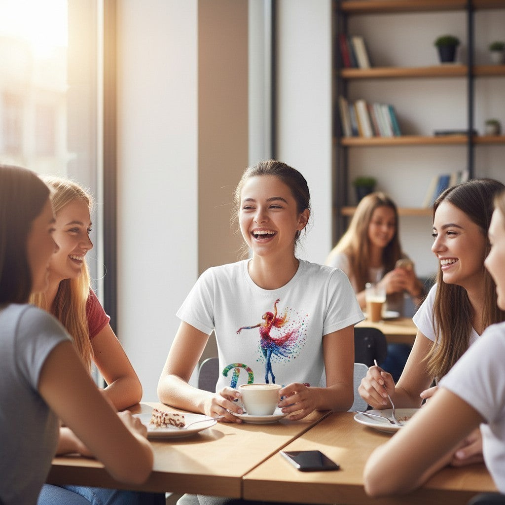 Group of friends sitting around a table in a cafe, one wearing dance tee