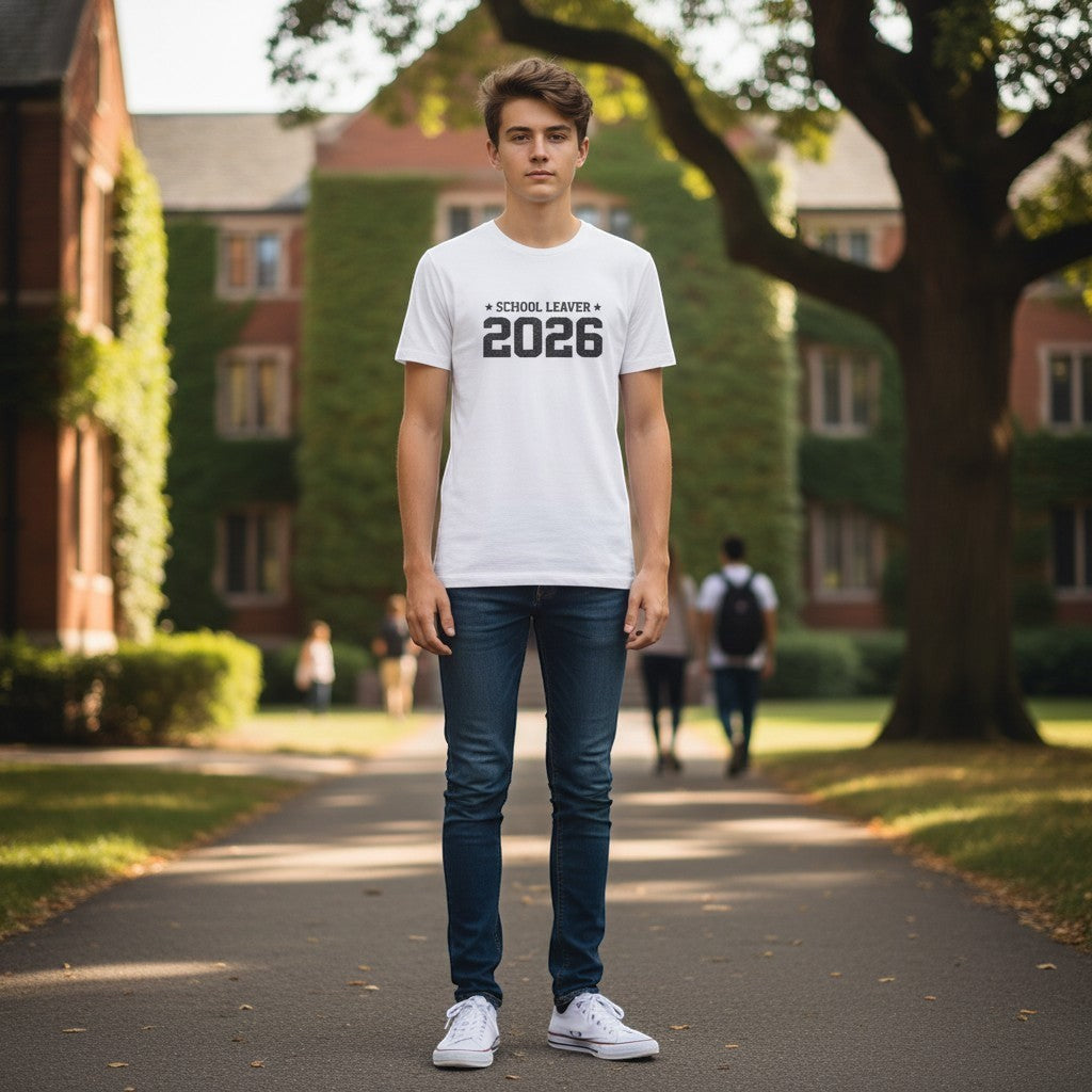 Person wearing a 'School Leaver 2026' t-shirt on a college campus.