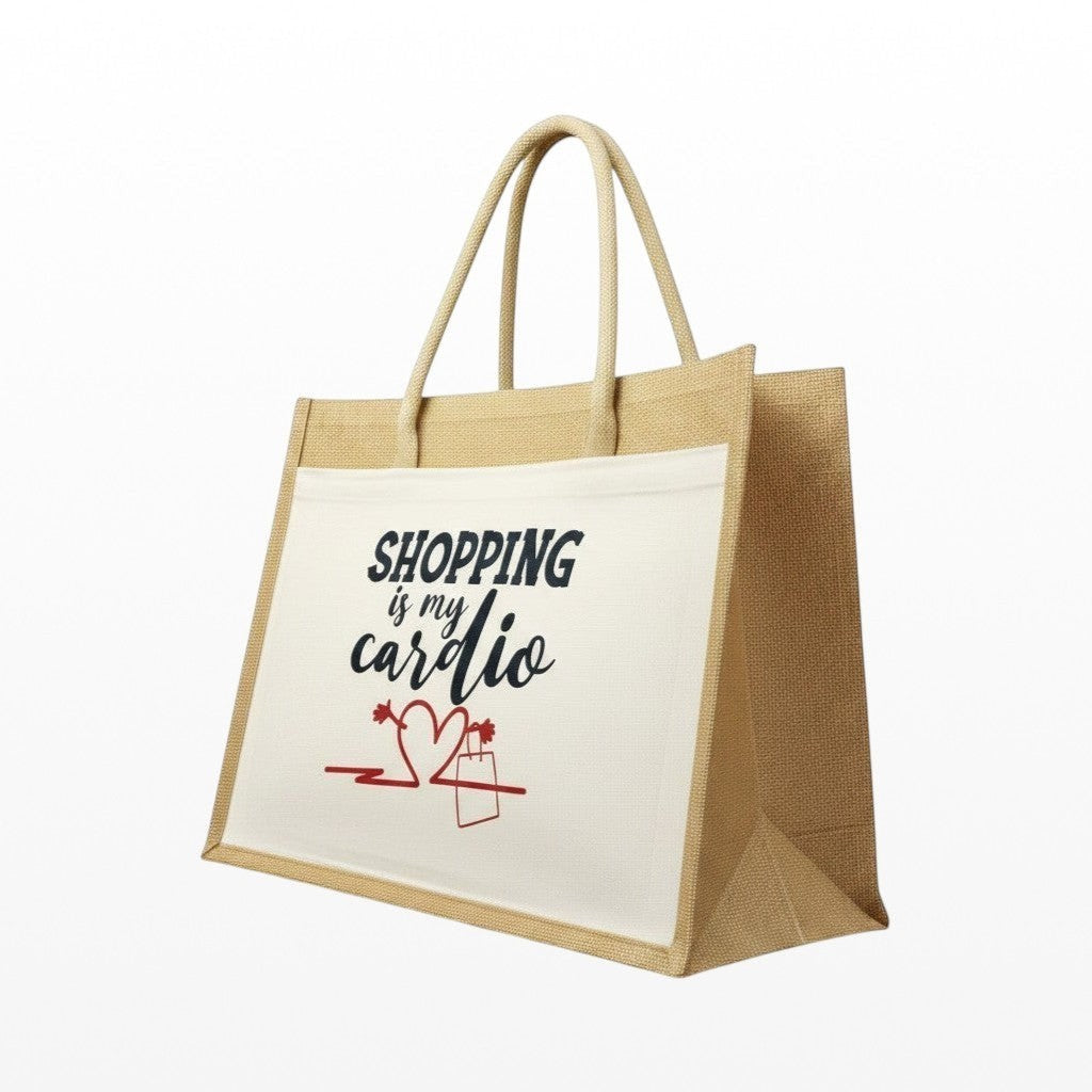 Beige tote bag with 'Shopping is my cardio' text on a white background