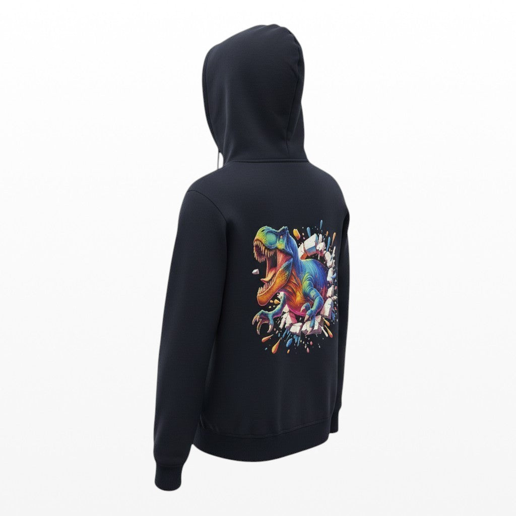 Black hoodie with a colorful dinosaur graphic on the back against a white background