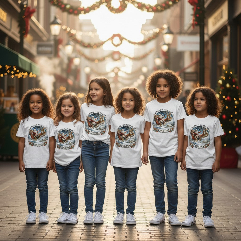 Six children standing on a decorated city street wearing matching white graphic T-shirts, blue jeans, and white sneakers.