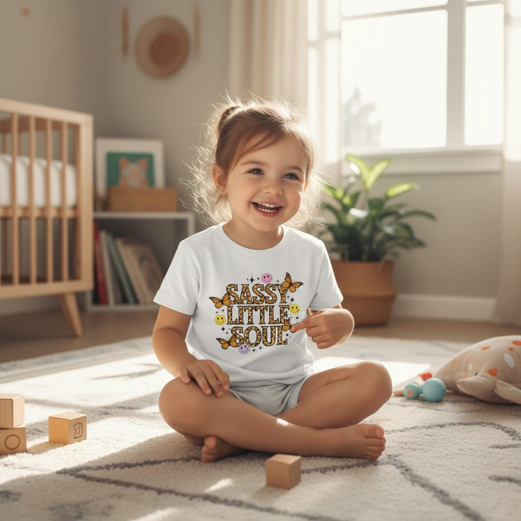 Child sitting on a rug in a room wearing a t-shirt with text and graphics.