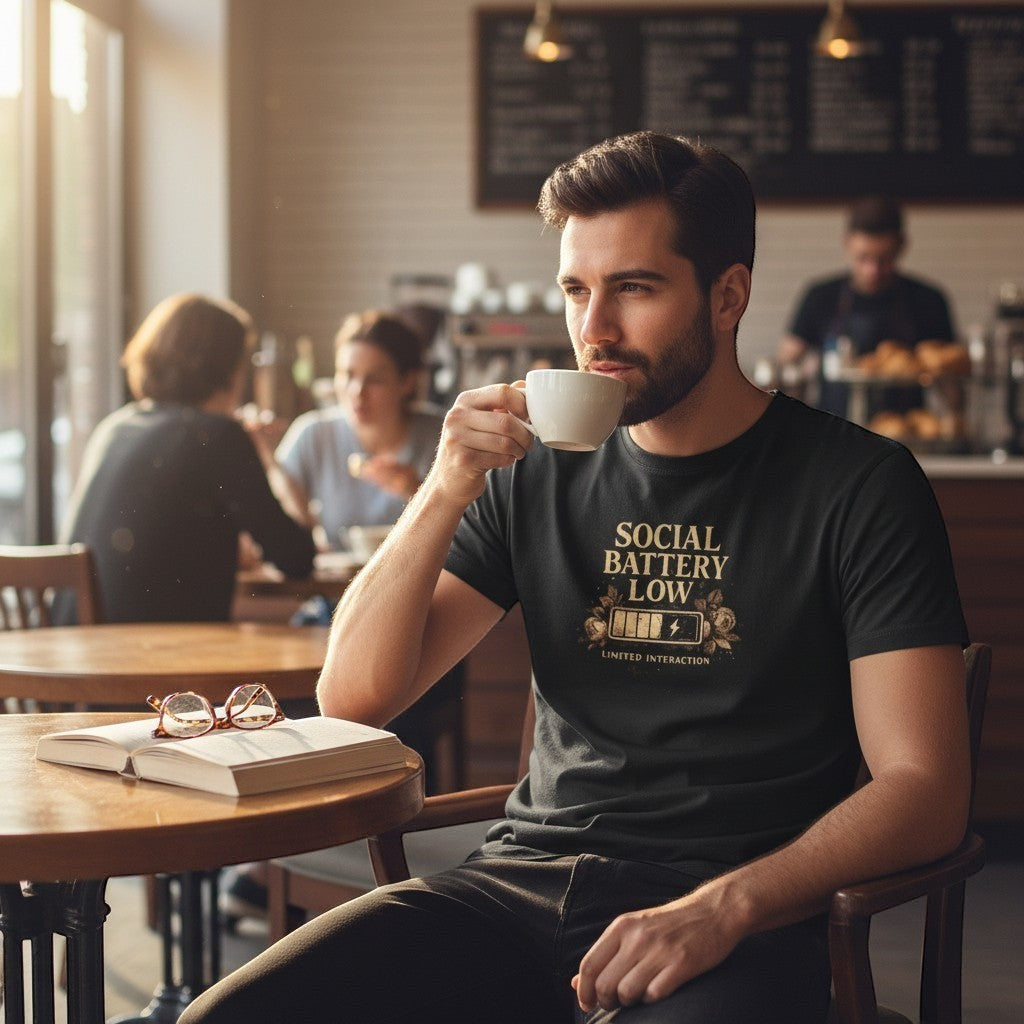 Man sitting in a cafe holding a cup, wearing a t-shirt with text.