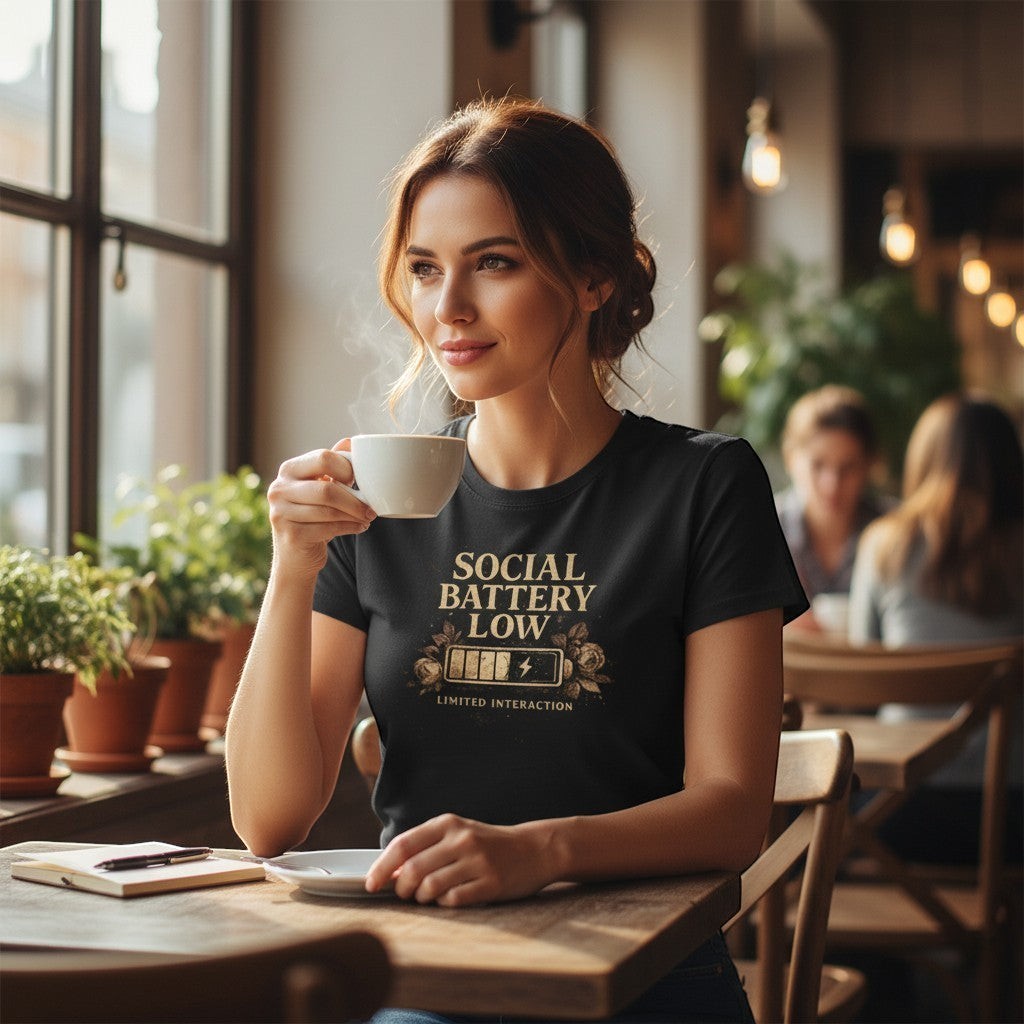 Woman in a coffee shop holding a steaming cup, wearing a black t-shirt with text.