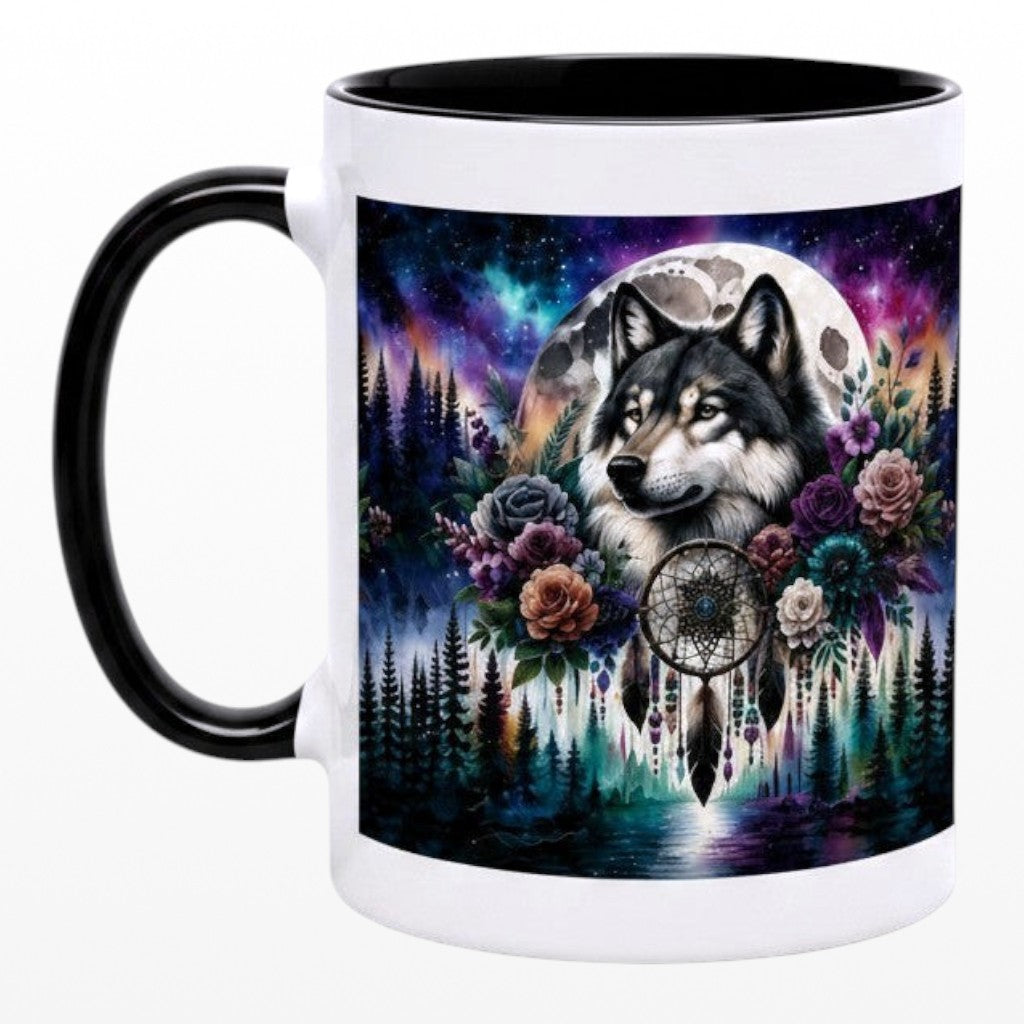 Ceramic mug featuring a mystical wolf, full moon, dreamcatcher, and floral forest design. Large view. 