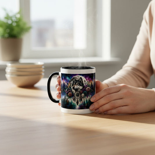 A person holds a black-rimmed mug with a colorful wolf illustration on a wooden table near a window.