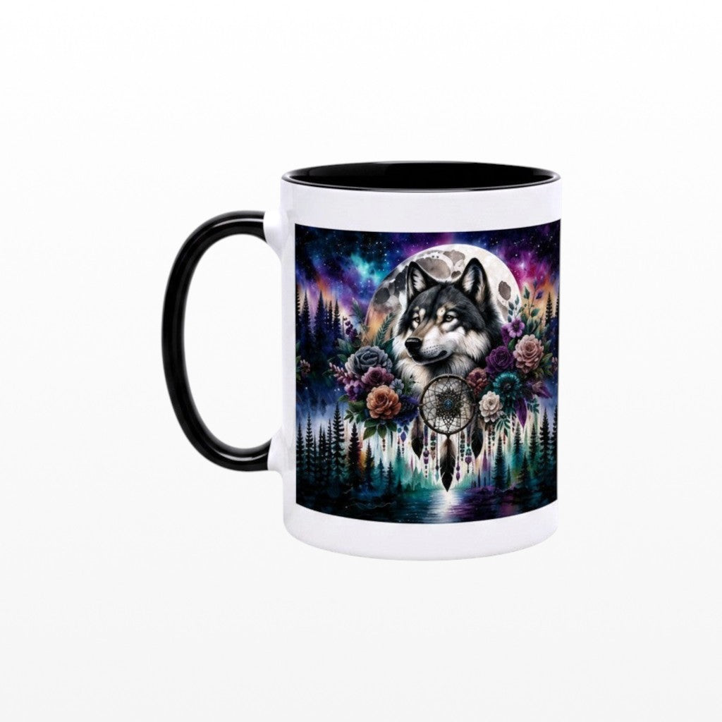 Ceramic mug with wolf, full moon, dreamcatcher, and floral design in purple and teal