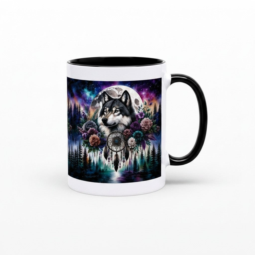 Ceramic mug with wolf, full moon, dreamcatcher, and floral design in purple and teal