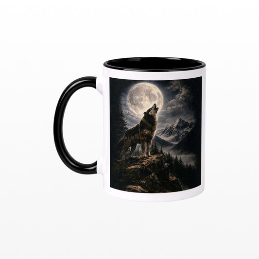 Ceramic mug featuring a howling wolf under a full moon in a mountain forest landscape.